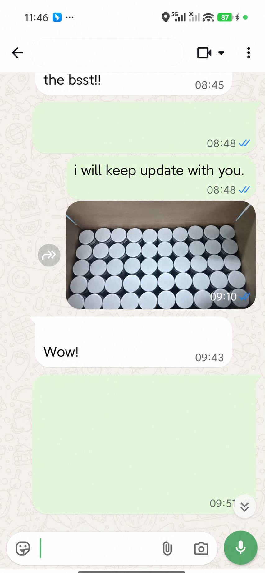 An anonymized client chat screenshot retaining generic feedback and a production update.